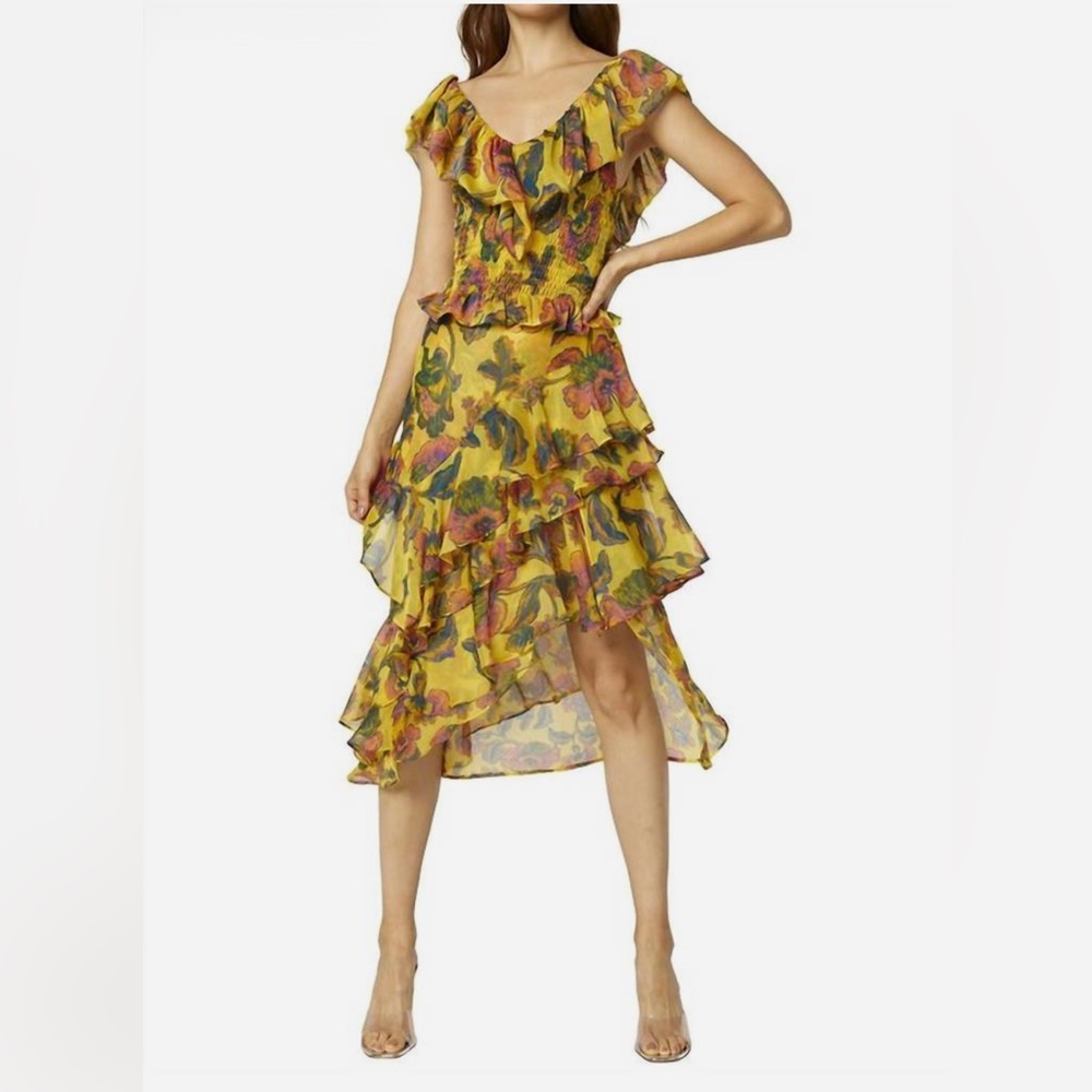 MISA Los Angeles
Carmen Tiered Ruffle Asymmetric Midi Skirt Set